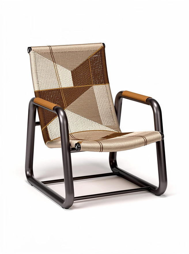 **Moderne stoel met gebogen metalen frame en geometrisch geweven zitting**